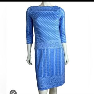 Gretchen Scott Jersey Border Printed Dress Blue Kanga 3/4 Sleeve Boat Neck -Med